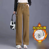 Wide Leg Cargo Pants Women Casual Thicken Baggy Sweatpants Fleece Lined High Waist Pantalones Lace Up Warm Straight