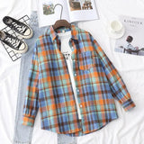 New Women Vintage Flannel Plaid Shirt Pockets Full Sleeve Turn Down Collar Loose Blouse Spring Female Casual Basic