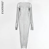 New Diamond Shiny Party Dress Women Split Long Sleeve Maxi Bodycon Dress Sexy See-Through Fishnet Club Dress