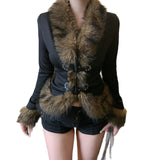 Fongt Autumn New Street Style Y2K Retro Wool Collar Splicing Leather Buckle Waist Jacket Casual Top
