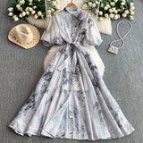 Fongt Retro-Print Collar Bubble-Sleeved Dress Women's Summer Straps To The Waists To Show A Thin Swollen Dress