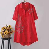 Arrival Women Leaf Embroidery Long Cotton White Blouse Summer Short Sleeve White Female Shirt Turn-Down Collar Top