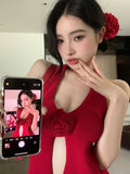 Fongt Red Three-Dimensional Rose Slings Pure Hottie Sexy Vest Irregularly Boiling Flowers Knitted