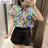 New Women Vintage Graffiti Leaves Print Short Shirt Office Lady Pockets Patch Loose Blouses Chic Summer Retro Tops