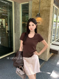 Fongt Xixi 13 Lines 2025 Autumn White Standard Temperament Collar Bottom Knitted Short-Sleeved T-Shirt 89545