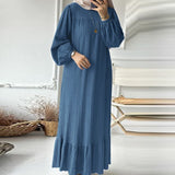 Fongt Muslim Women's Robes Spring And Autumn New Fashion Bubble Sleeves Retro Pocket Hem Side Dress