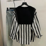 Women's Clothing Casual Striped Loose Blouse Korean Fake Two Pieces Round Neck Button Spring Autumn Basic Spliced Commute Shirt-Outfit