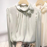 Fongt Temperament Shows Thin Three-Dimensional Flower Pure Color Set Jacket Female Spring New Long Sleeve Satin Simulation Silk Shirt-Outfit