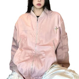 Fongt Vintage Multi-Zipper Work Jacket Female Popular Logo Loose Harajuku Style Baseball Uniform Versatile Jacket-Outfit
