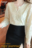 Sleeve Sweet Lace Blouse O Neck Women Femme Blusas White Button Loose Top Hollow Out Flower Lace Patchwork Shirt