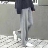 Autumn/Winter Women Pants Warm High Waist Loose Knitted Wide Leg Pants Baggy Side Slit Casual Pants