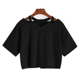Fongt Wind Open Shoulder Hollow Out Sexy Solid Color T-Shirt V Collar Women's Short-Sleeved Loose Female