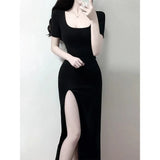 Fongt Casual Black Dress Women's New Summer Elegant Women's Design Feel Fork Repair Slim Dress With A Thin Dress With A