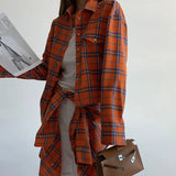 Fongt 2023 Women's College Style Orange Plaid Shirt Women's Loose Pocket Lapel Long-Sleeved Shirt-Outfit