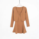 Trend Women's Wear Small And Fresh Slim Style Round Neck Fairy Halter Dress Long-Sleeved Cardigan Jacket Two-Piece Suit-Outfit