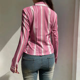 Fongt Retro Pink Striped Long Sleeve Shirt Women's Polo Collar Slim Slim Single Breasted Top-Outfit