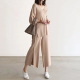 Fongt Wind Knitted Set Of Trousers Autumn New V-Neck Top + Open Wide Leg Pants Fashion Temperament Two-Set