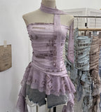 Fongt Shooting Spice Girls Irregular Lotus Leaf Side Ribbon With Non-Slip Strip Mesh Printing Chest Vest 8037
