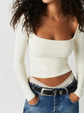 Women Square Neck Long Sleeve T-Shirts Tops Solid Slim Fit Pullovers Causal Tees Shirts Female Streetwear Basic Tees-Outfit