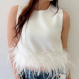 Patchwork Feather Pullover Women Tops White Sleeveless Round Neck Solid Tops Women Summer Loose Fashion Party