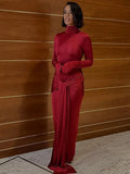 Neck Long Sleeve Bodycon Dress Women's Tight Elastic Lace Up Maxi Long Dress Autumn 2023 New Party Club Vestidos-Outfit