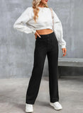 Fongt Fashion New Women's Casual Straight Pants High Waist Button Elastic Belt With Multiple