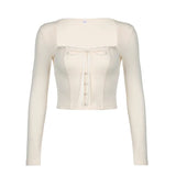 Solid Square Collar Cropped Top Women Sweet y2k Bandage Bow Stitched Full Sleeve T Shirt Vintage 2000s Coquette Aesthetic-Outfit