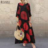 Autumn 3/4 Sleeve Polka Dot Printed Long Dress Vintage Women's Cotton Linen Dresses Female Kaftan Vestido Femme