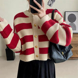 Spring New Korean Style Lazy Gentle Wind Striped Knitted Cardigan Round Collar Color Loose Hair-Outfit