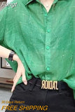 Loose Solid Color Diamonds Spliced Blouse 2023 Summer Thin Korean All-match Half Sleeve Button Shirt Women's
