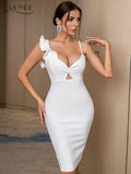 2022 Summer V Neck White Bandage Dress For Women Sexy Spaghetti Strap Hollow Out Ruffles Evening Club Party Outfits