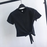 Fongt Solid Color T-Shirt Female 2024 Summer Wear Korean Version Of The Strap Careful Machine Exposed Umbilical Students Short Sleeve Shirt Repair