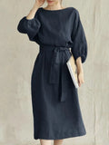 Dress Women 2023 New Cotton Linen Solid Lace Up Casual Oversize O Neck Chic Long Sleeve Midi Dresses for Women with Belt-Outfit