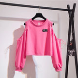 the Shouler Full Sleeve Autumn sets Female Korean Loose Pullover Top and PU Mini Bodycon Black Skirt Two pieces