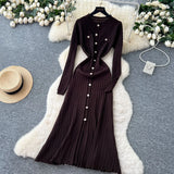 Fongt Small Fragrant High-Grade Metal Buckle Waist Dress Women 2025 Autumn Thin Temperament Hollow Knitted Long Dress