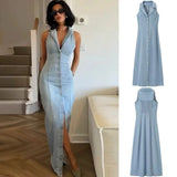 Fongt Women's Clothing Early Spring New Light Blue Sexy Button Denim Long Dress