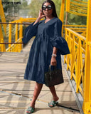 Solid Midi Dress 2022 African Women Summer Dresses Casual Puff Sleeve Pleated Ruffled Hem Bohemian Vestidos Robe Africaine