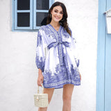 Simple Casual Floral V-Neck Puff Sleeve With Belt Holiday Style High Waist Knee-Length Summer Dresses NEW
