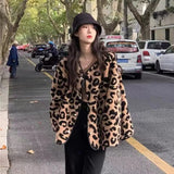 Brown Leopard Fur Integration Jacket Women Loose Button Up Oversized Coats Winter Clothes Korean Style Hot Girls