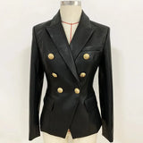 Fall Winter 2023 Designer Blazer Jacket Women's Lion Metal Buttons Double Breasted Synthetic Leather Blazer