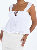 Women Summer Spaghetti Strap Camis Tops Y2K Casual Ruffles Sleeveless Square Neck Lace-up Solid Tank Mini Vests 2023-Outfit