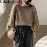 New 2021 Autumn Winter Women Sweaters Turtleneck Pullovers Fashionable Oversized Pagoda Sleeve Vintage Jumpers