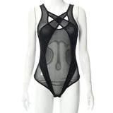 2023 Mesh Hollow Out See Through Bodysuit Women Summer Purple Patchwork Bodys Sexy Swimwear Female Festival Outfit