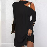 Fongt Explosion Autumn Simple Metal Buckle Hanging Neck Button Dress Women's