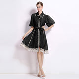 Fongt New Famous Summer Retro Collar Single Buckle Lace Lantern Sleeve Dress