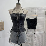 Fongt Babes Hollow Strapped Braped Pu Skin Top Female Tight Sexy Short Hanging Neck Vest 2765