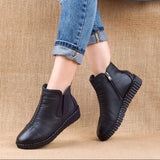 2021 Winter Genuine Leather Ankle Boots Handmade Lady Soft Flat Shoes Comfortable Casual Moccasins Side Zip Ankle