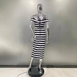 New Black And White Striped Bandage Skirt Fashion Show Shoulder Dress Two Sets Of High Street Party