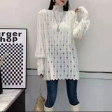 Women's Clothing Fashion Lace Hollow Out Blouse Sexy Spring Autumn New Long Sleeve Casual Solid Color All-match Turtleneck Shirt-Outfit