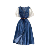 Fongt Dress Women's 2025 Summer Dress New Design Collar Bubble Sleeve Splicing Age-Sensitive Fashion Denim Long Dress